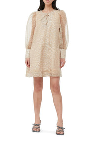 Short trapeze dress in printed organza - Oyster Gray
