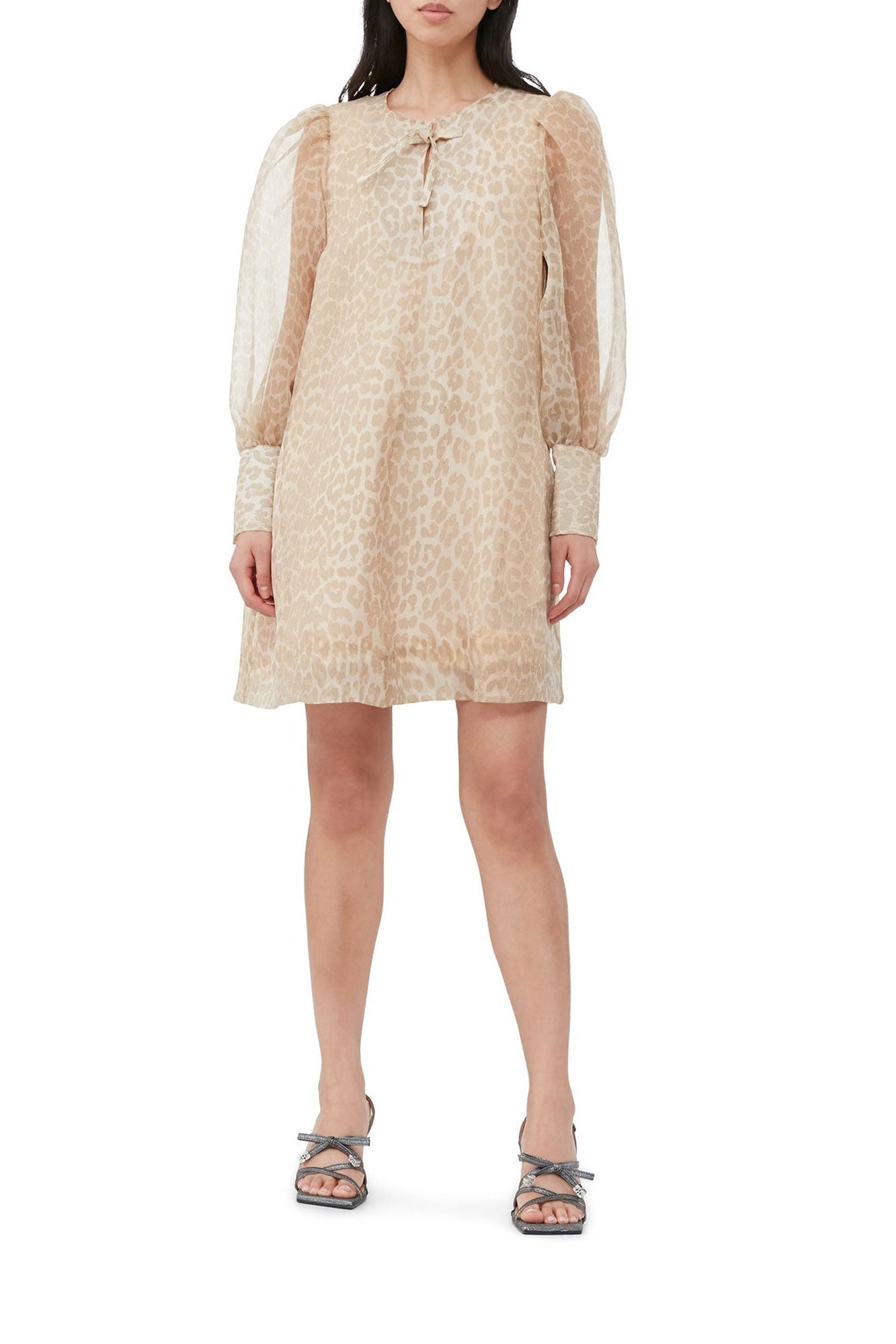 Short trapeze dress in printed organza - Oyster Gray