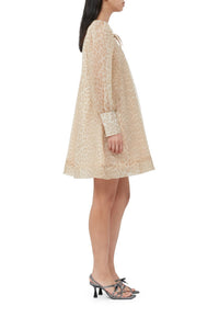 Short trapeze dress in printed organza - Oyster Gray