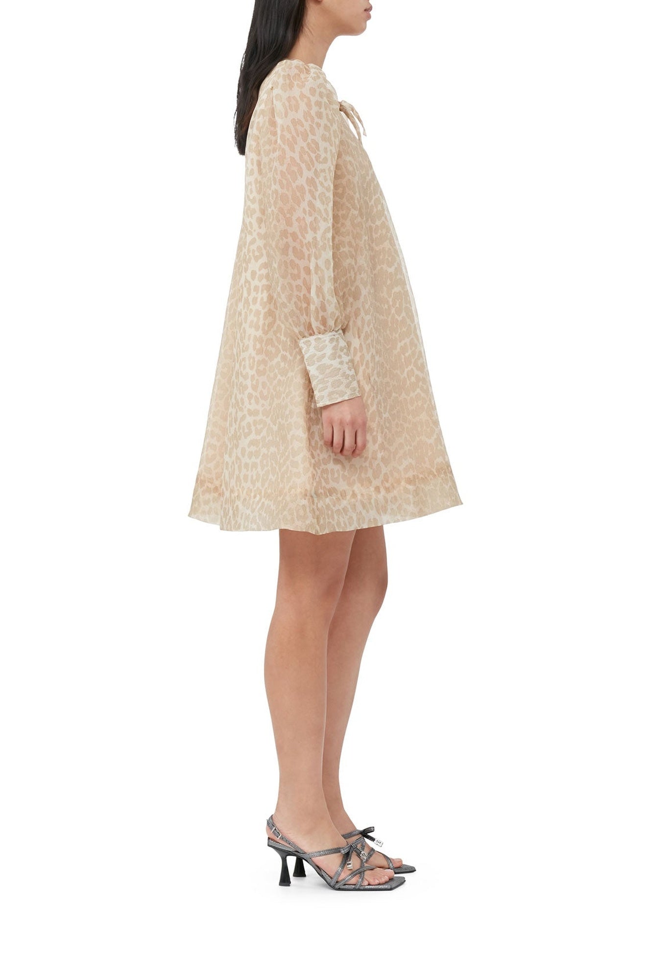 Short trapeze dress in printed organza - Oyster Gray