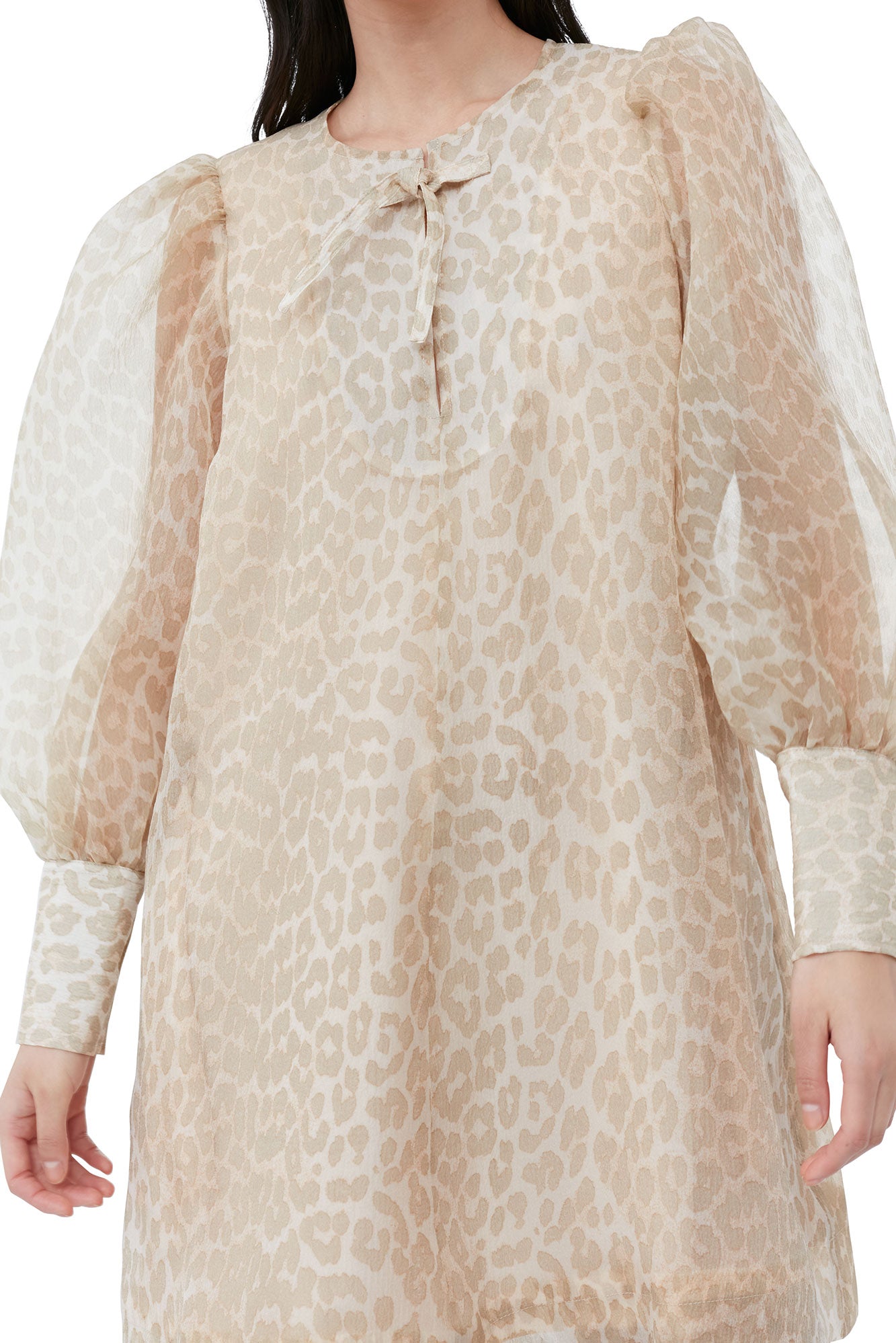 Short trapeze dress in printed organza - Oyster Gray