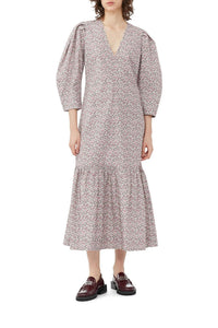 Robe longue à col V en coton imprimé - Frost Gray