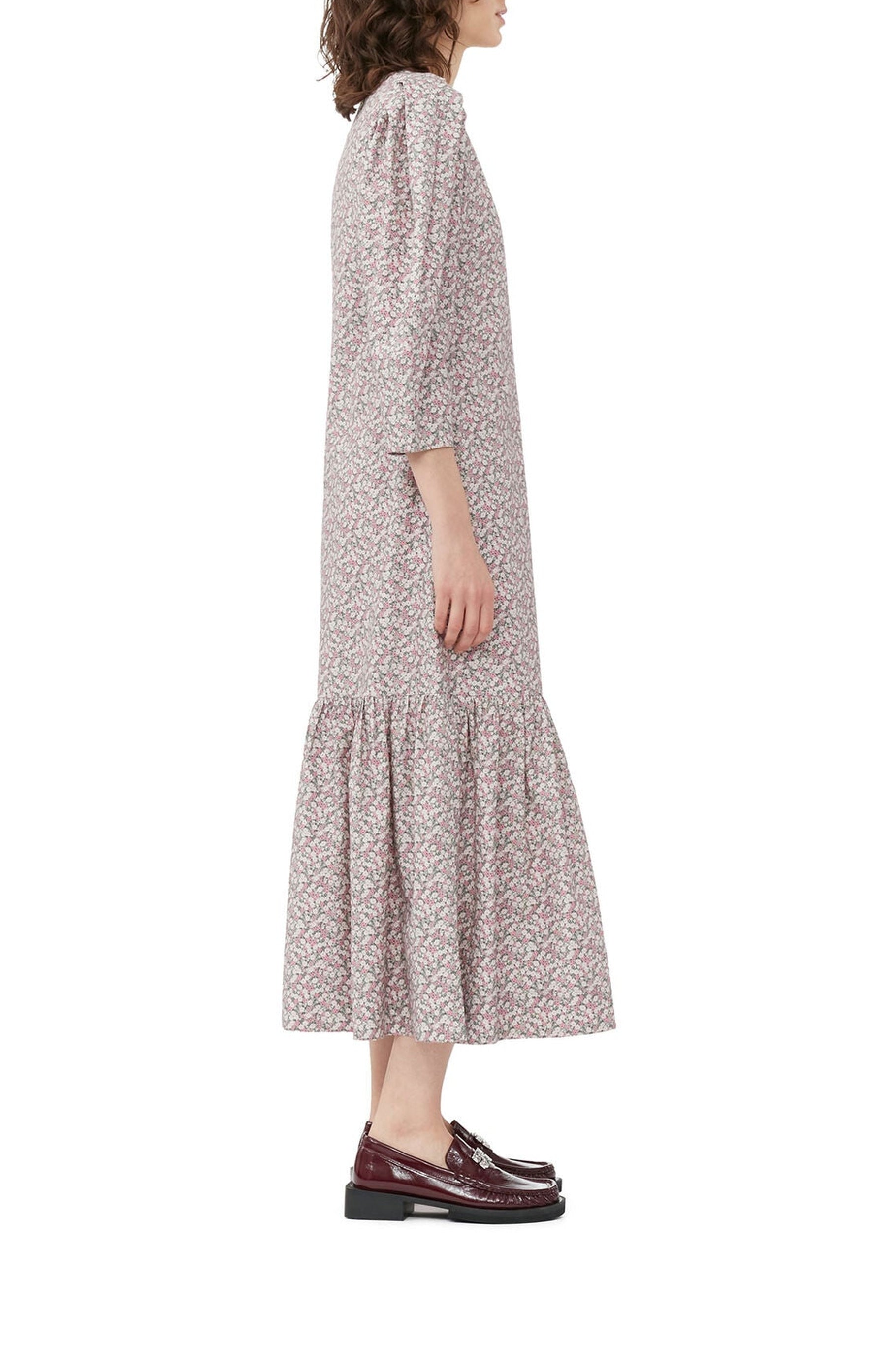 Robe longue à col V en coton imprimé - Frost Gray