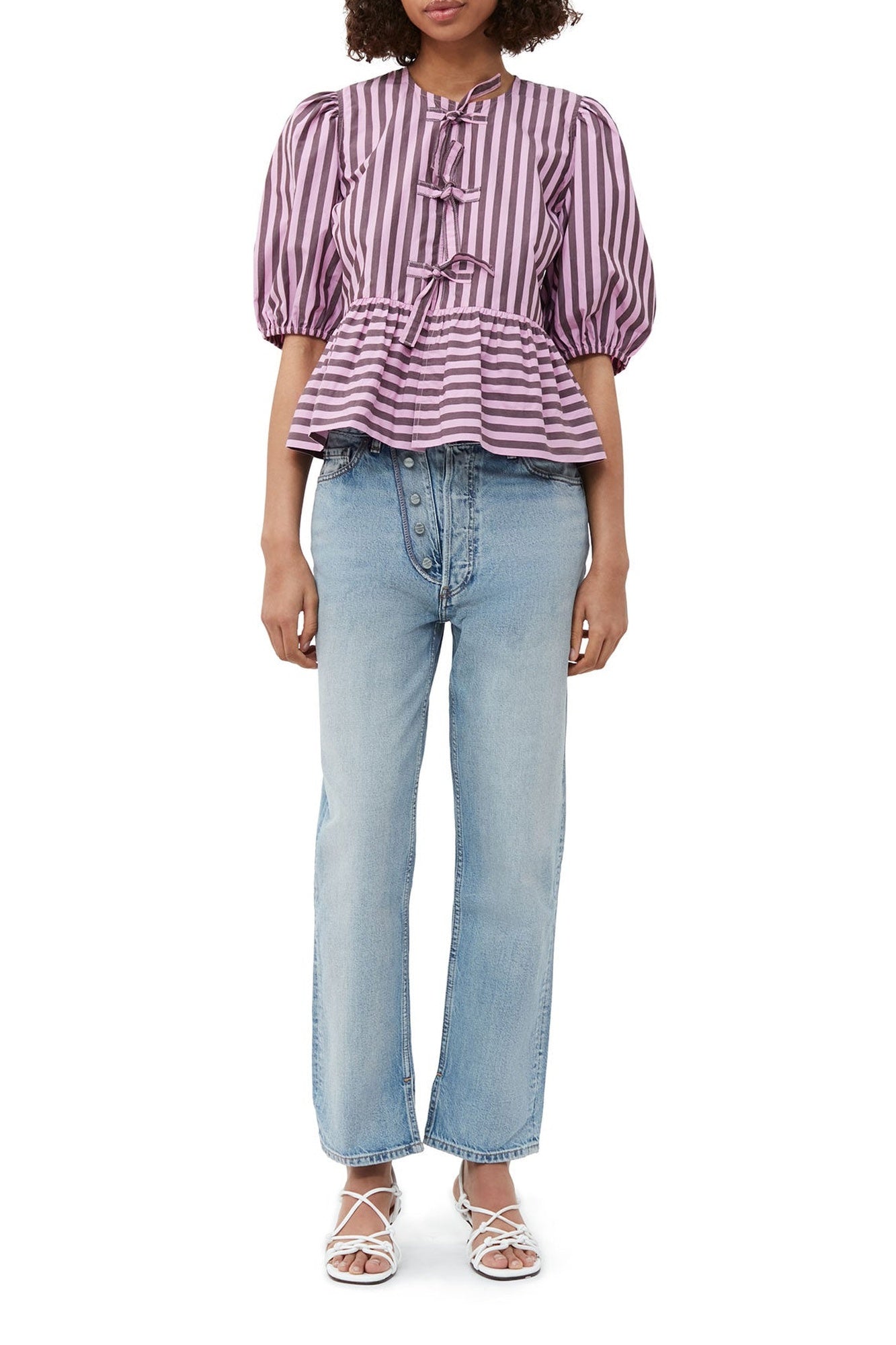 Blouse péplum à rayures en coton - Bonbon