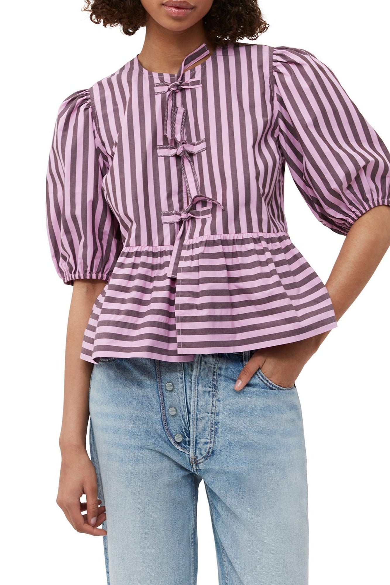 Blouse péplum à rayures en coton - Bonbon