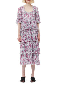 Robe midi smockée à volants en georgette plissée - Mauve Chalk