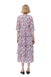 Robe midi smockée à volants en georgette plissée - Mauve Chalk