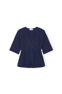 Blouse péplum à col V en seersucker - Deep Cobalt