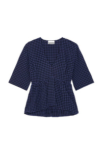 Seersucker V-neck peplum blouse - Deep Cobalt