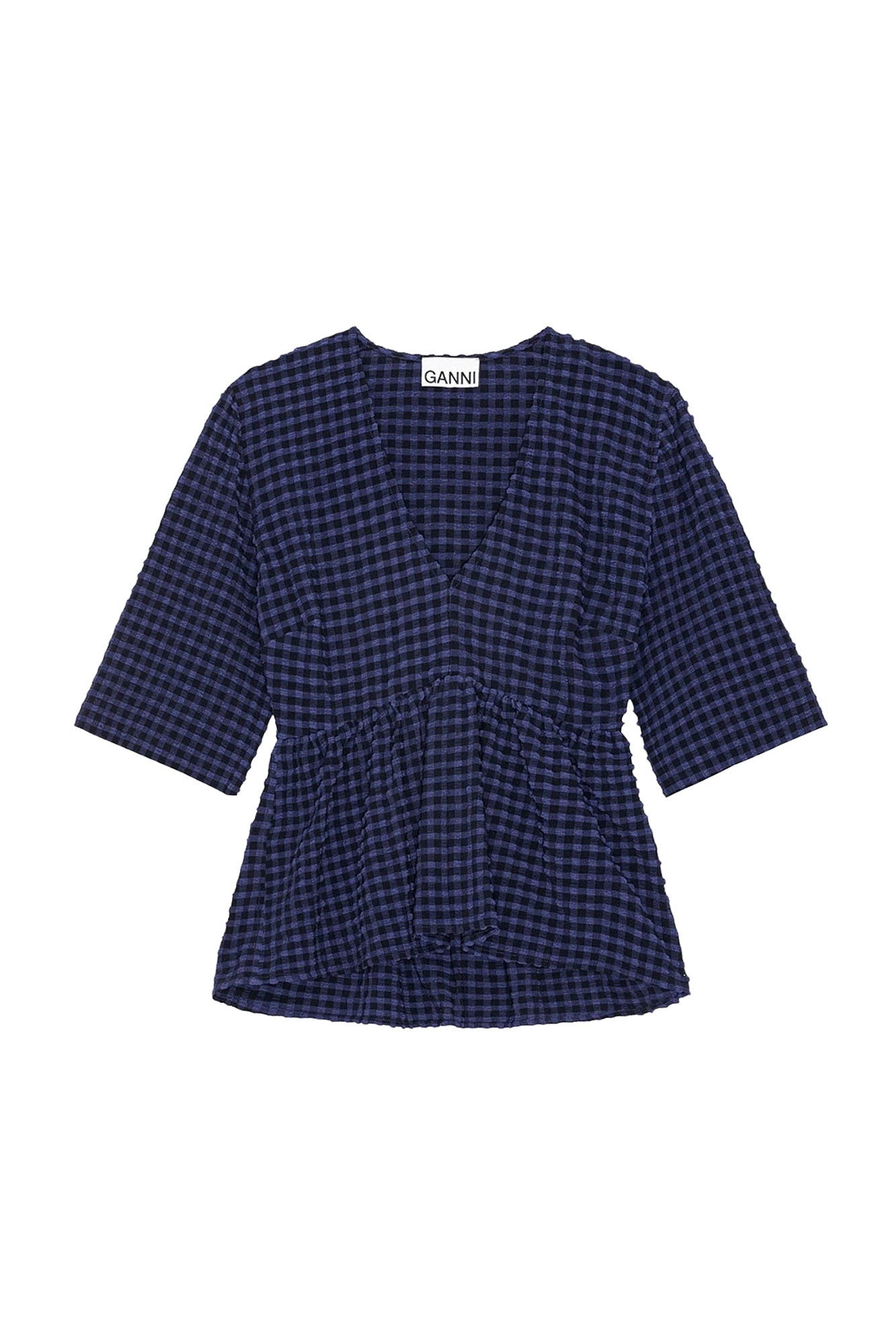 Seersucker V-neck peplum blouse - Deep Cobalt