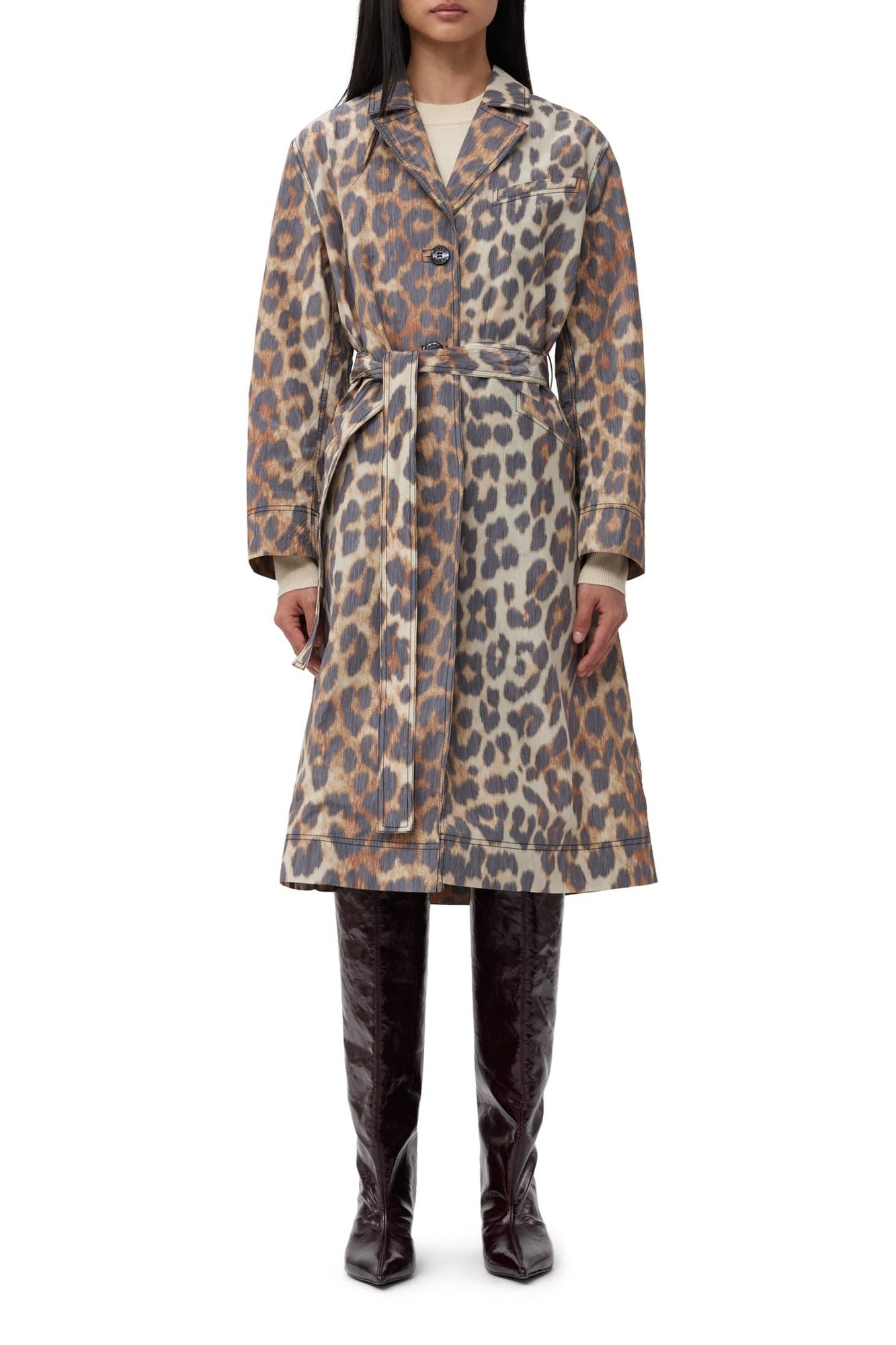 Crispy Shell Belt printed coat - Leopard Almond Milk