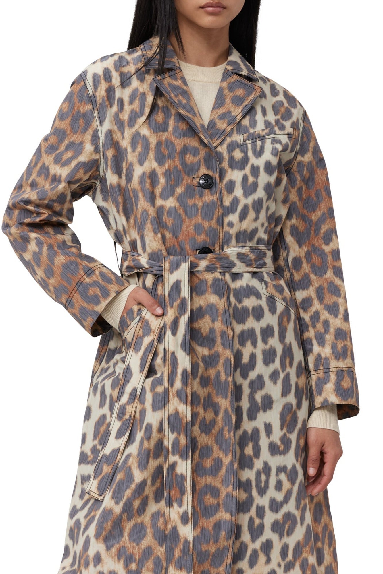 Crispy Shell Belt printed coat - Leopard Almond Milk