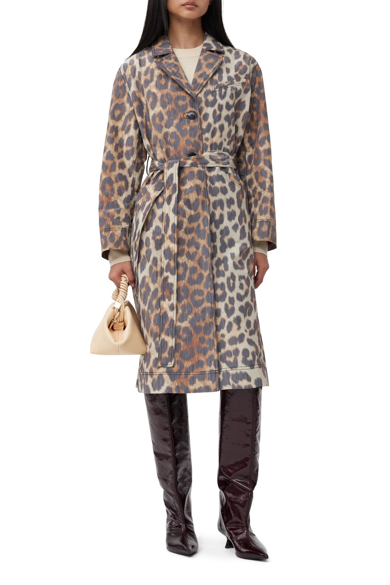 Crispy Shell Belt printed coat - Leopard Almond Milk