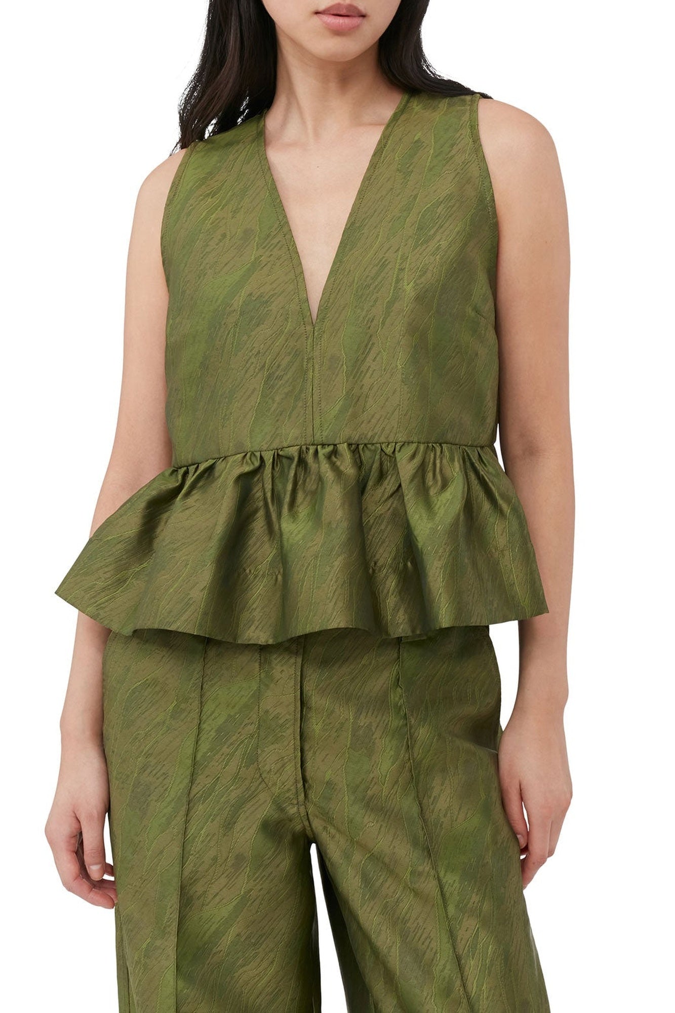 Shiny jacquard peplum top - Avocado