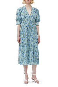 Robe midi smockée avec col V en georgette plissée - Ice Water
