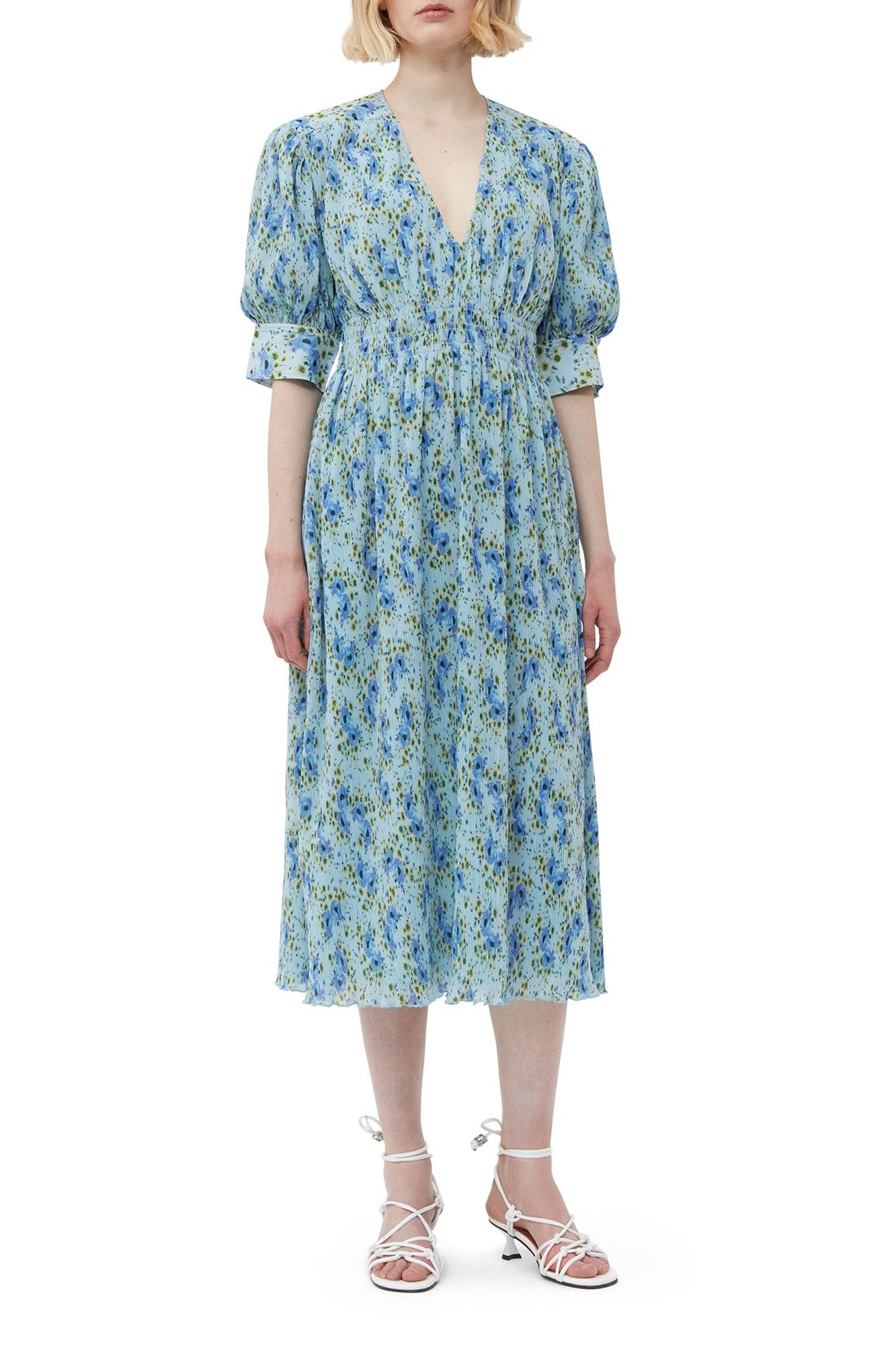 Robe midi smockée avec col V en georgette plissée - Ice Water