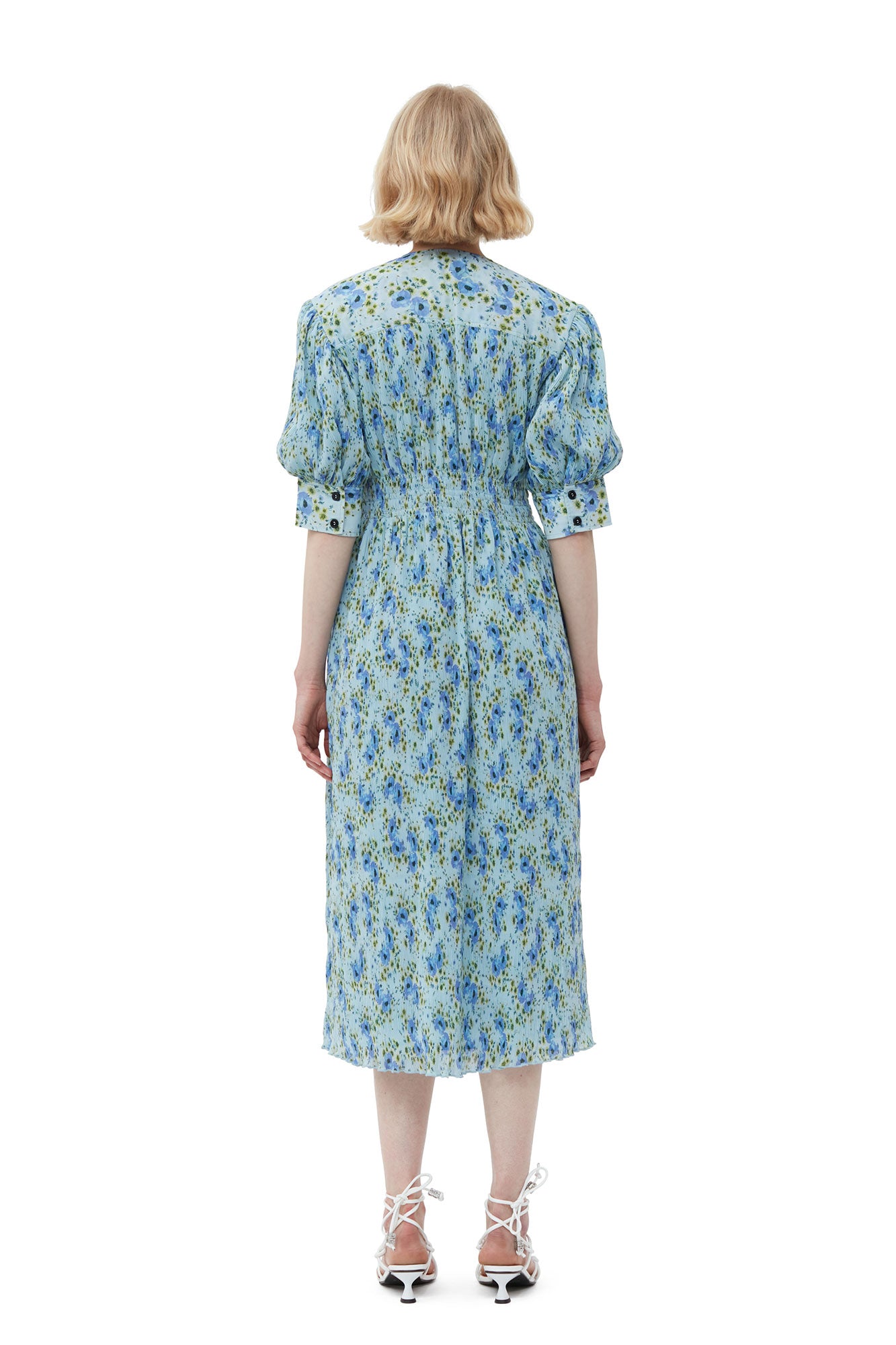 Robe midi smockée avec col V en georgette plissée - Ice Water