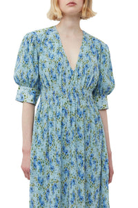 Robe midi smockée avec col V en georgette plissée - Ice Water