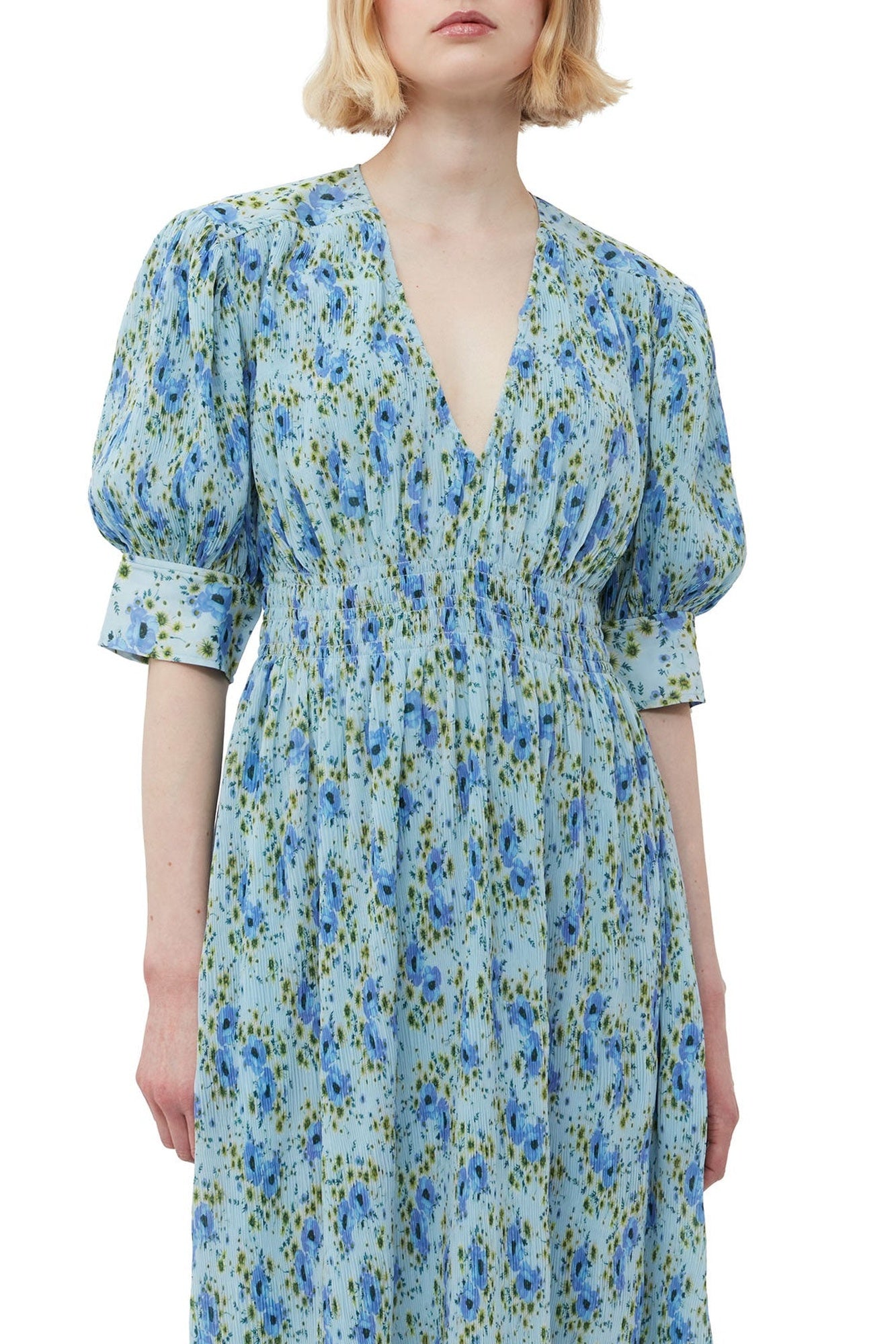 Robe midi smockée avec col V en georgette plissée - Ice Water