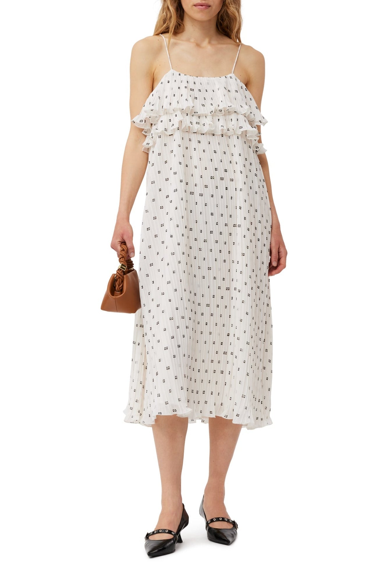 Robe midi à bretelles en Georgette plissée - Egret