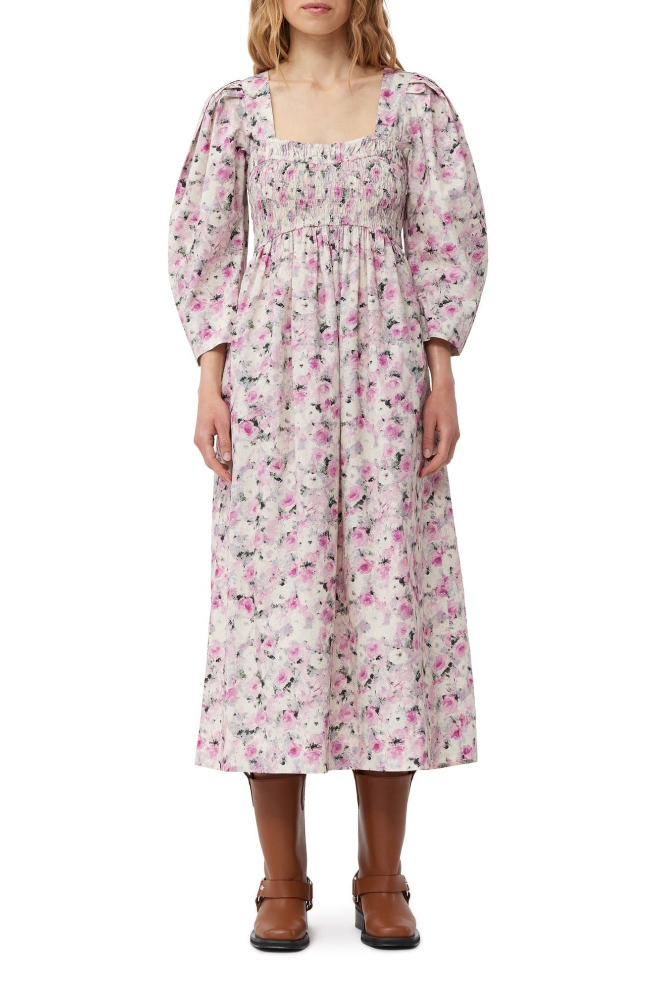 Printed maxi dress with open collar - Orchid Smoke