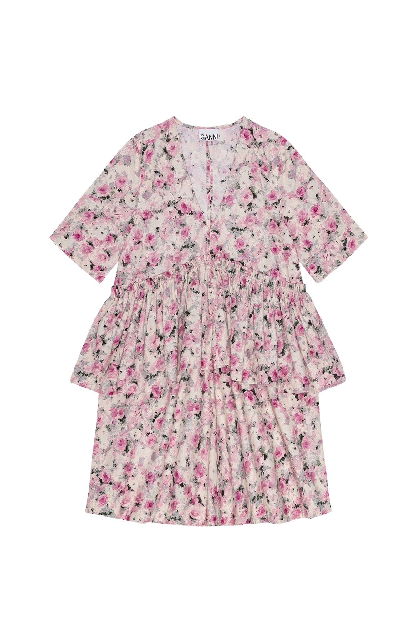 Ruffled short dress in printed cotton - Orchid Smoke