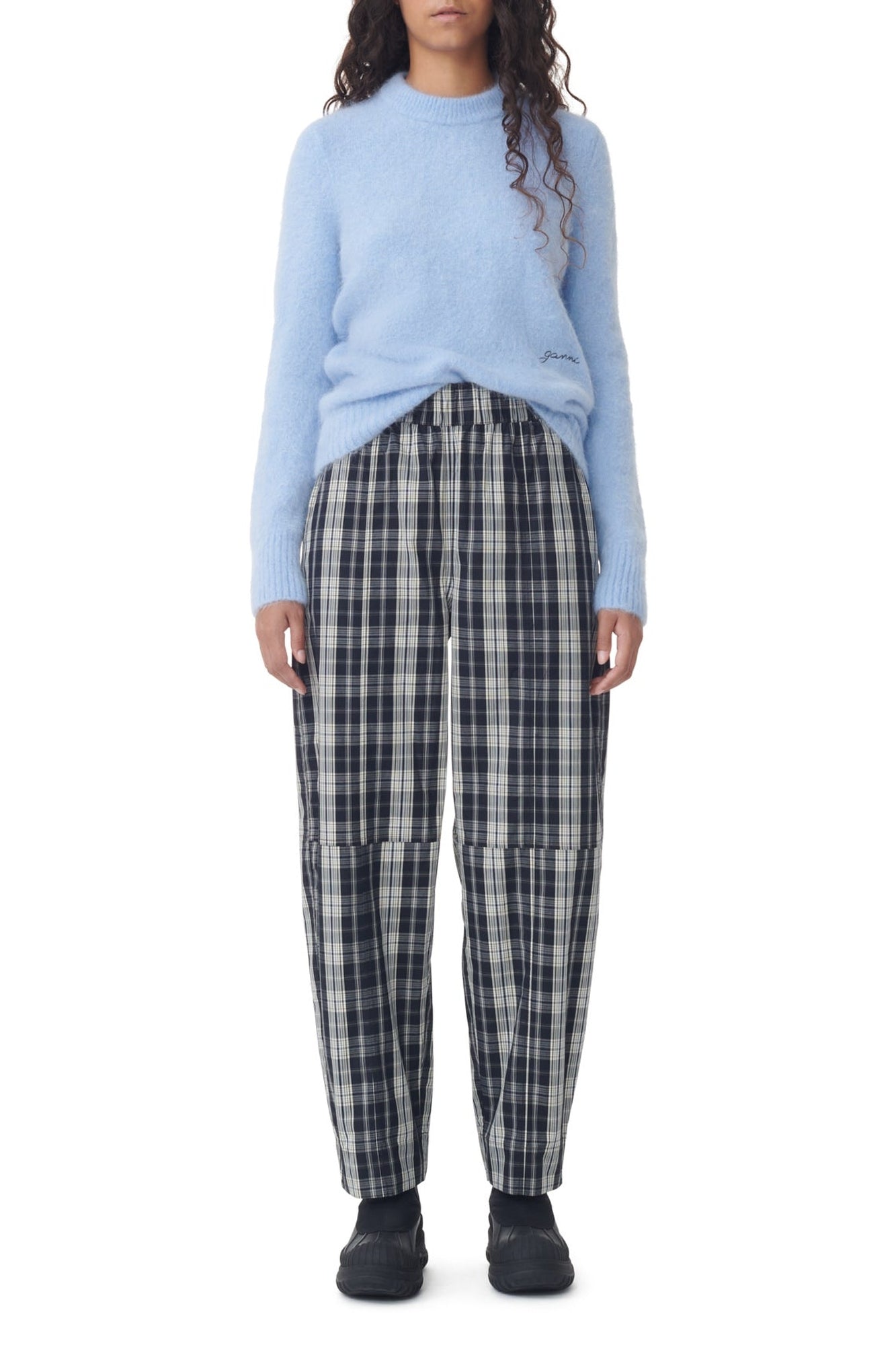 Pantalon élastiqué à carreaux en coton - Black