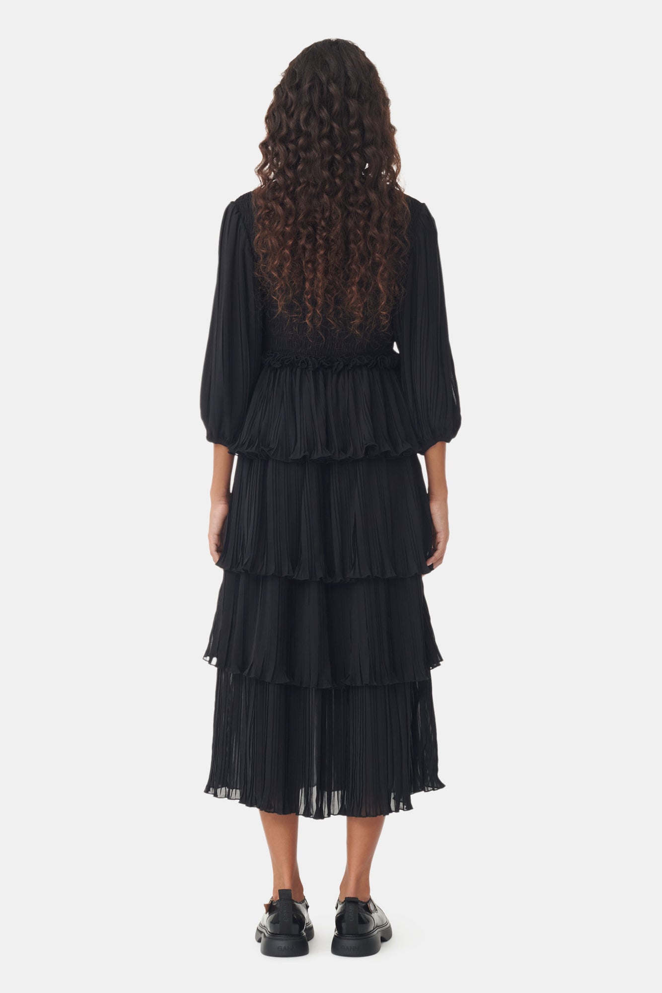 Robe midi à plis en georgette et boutons - Black