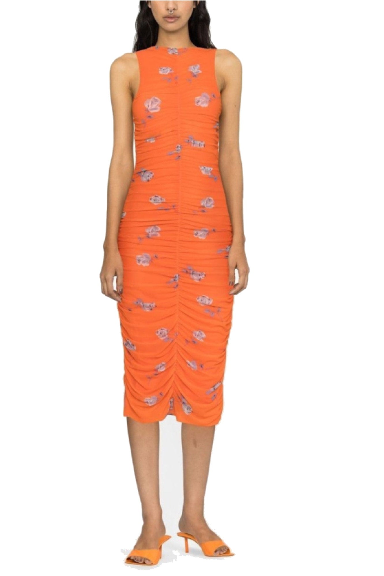 Robe midi froncée en mesh imprimé - Orangeade
