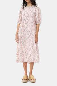 Printed georgette midi dress with puffed sleeves - Egret