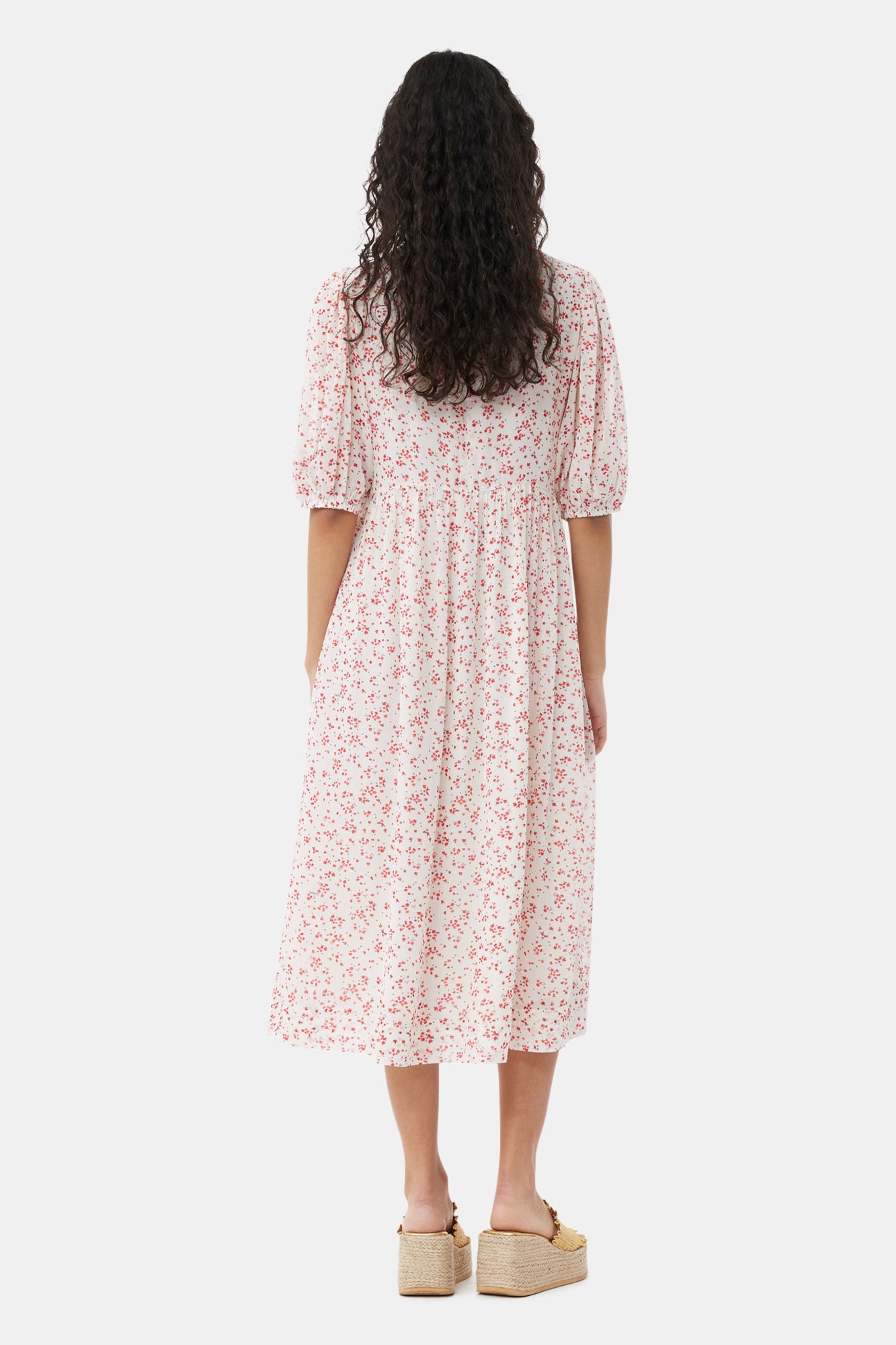 Printed georgette midi dress with puffed sleeves - Egret