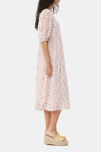Printed georgette midi dress with puffed sleeves - Egret