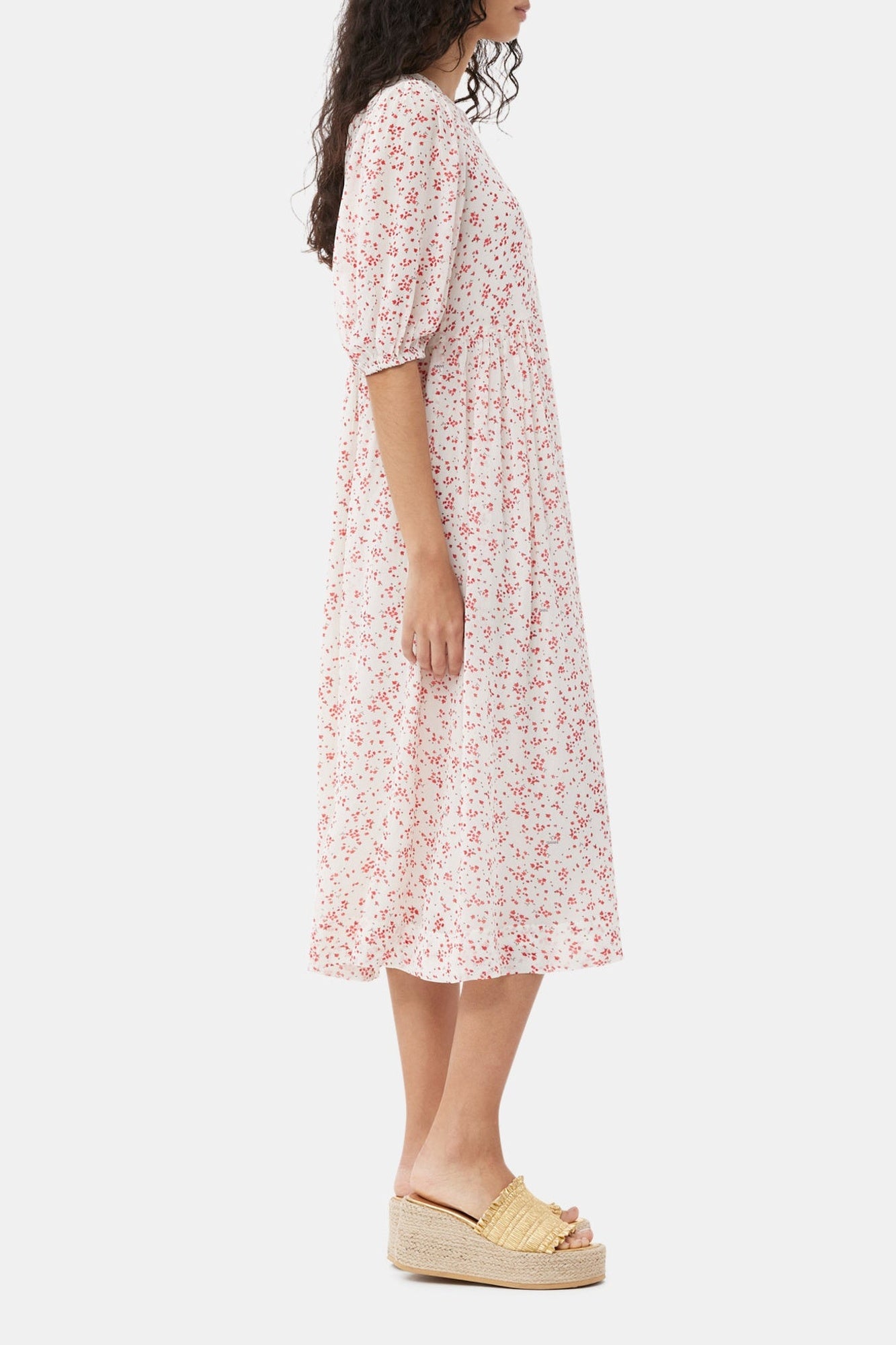 Printed georgette midi dress with puffed sleeves - Egret