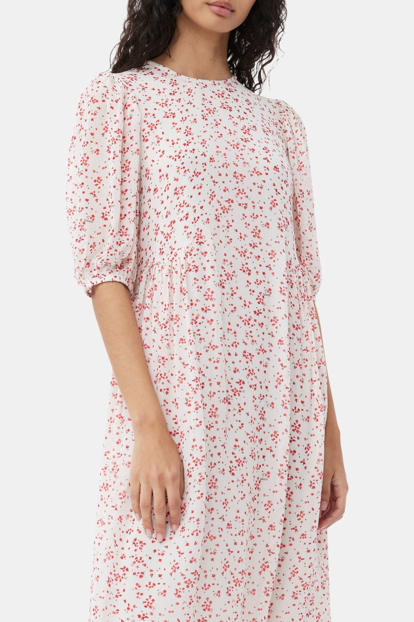 Printed georgette midi dress with puffed sleeves - Egret