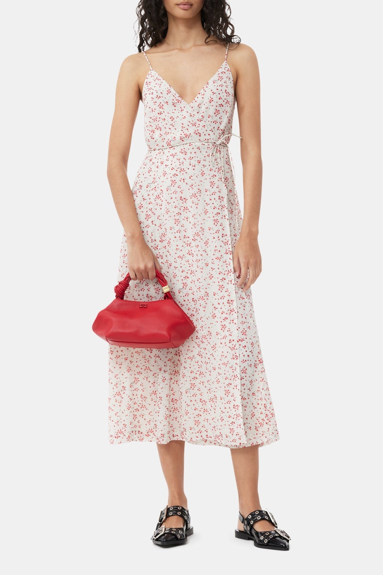 Printed georgette midi dress with puffed sleeves - Egret