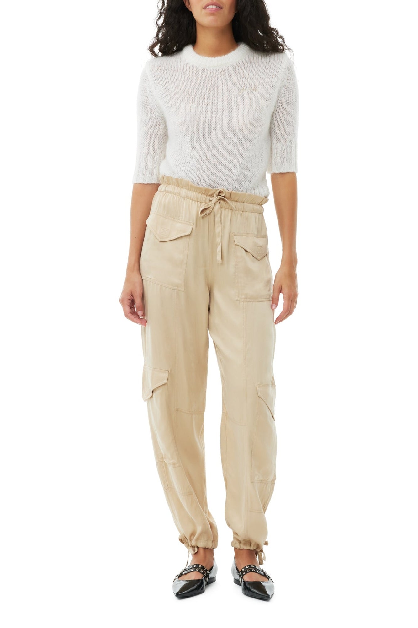 Pantalon élastiqué en satin - Safari