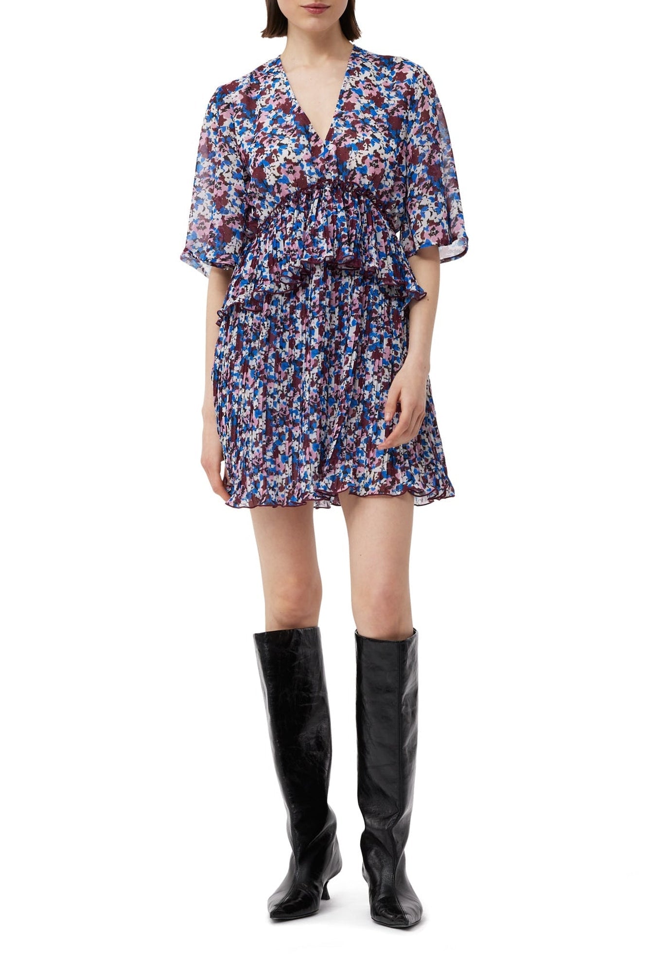 Robe courte à volants en georgette et col V - Multicolour