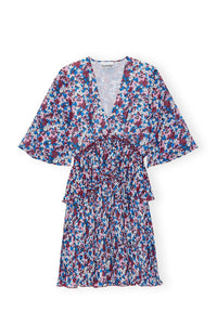 Robe courte à volants en georgette et col V - Multicolour