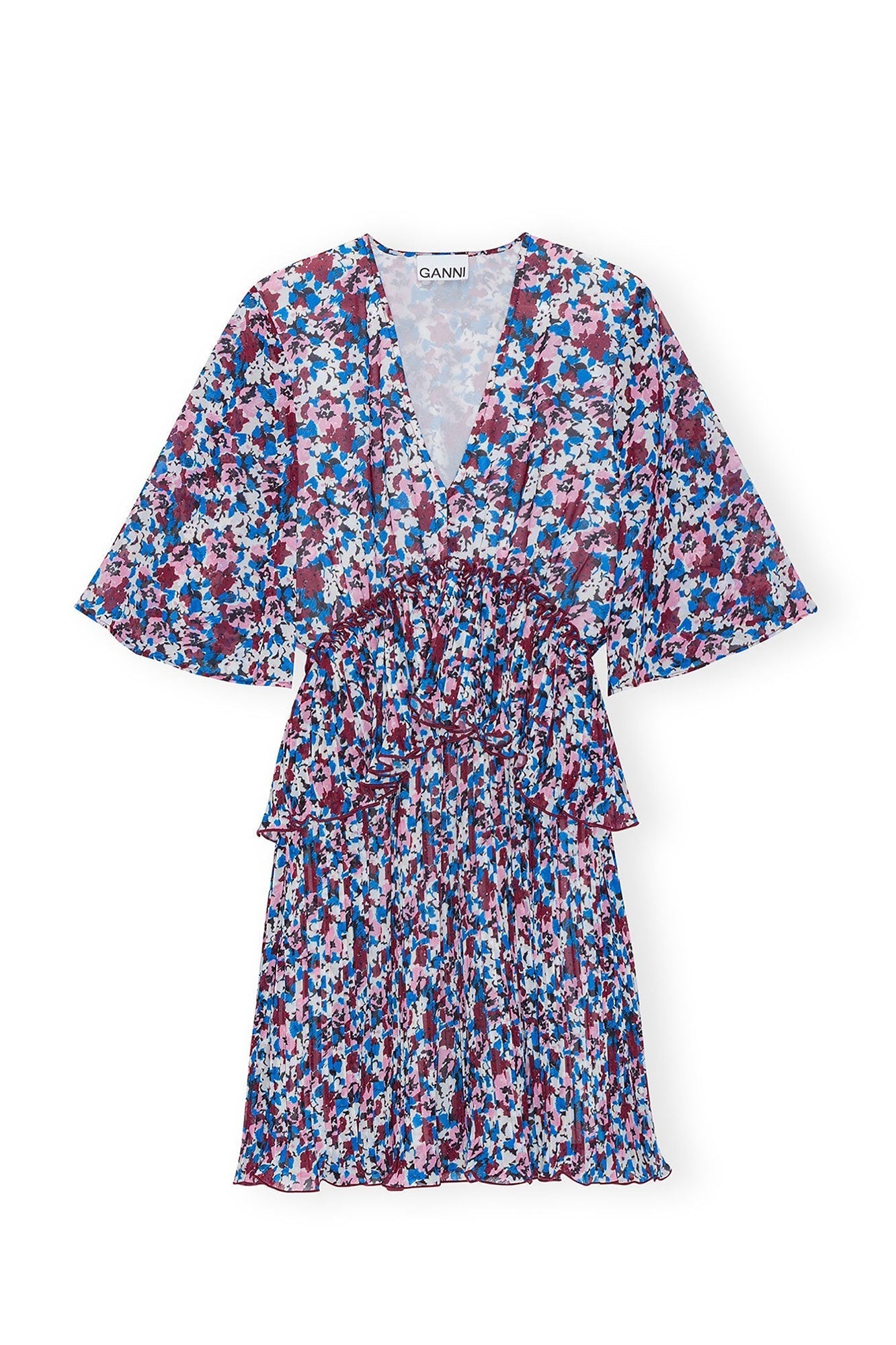 Robe courte à volants en georgette et col V - Multicolour