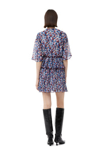 Robe courte à volants en georgette et col V - Multicolour