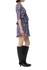 Robe courte à volants en georgette et col V - Multicolour
