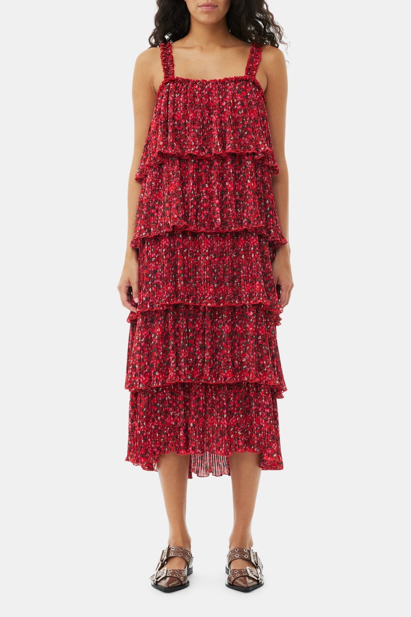 Robe midi en georgette plissée avec bretelles à volants - Racing Red