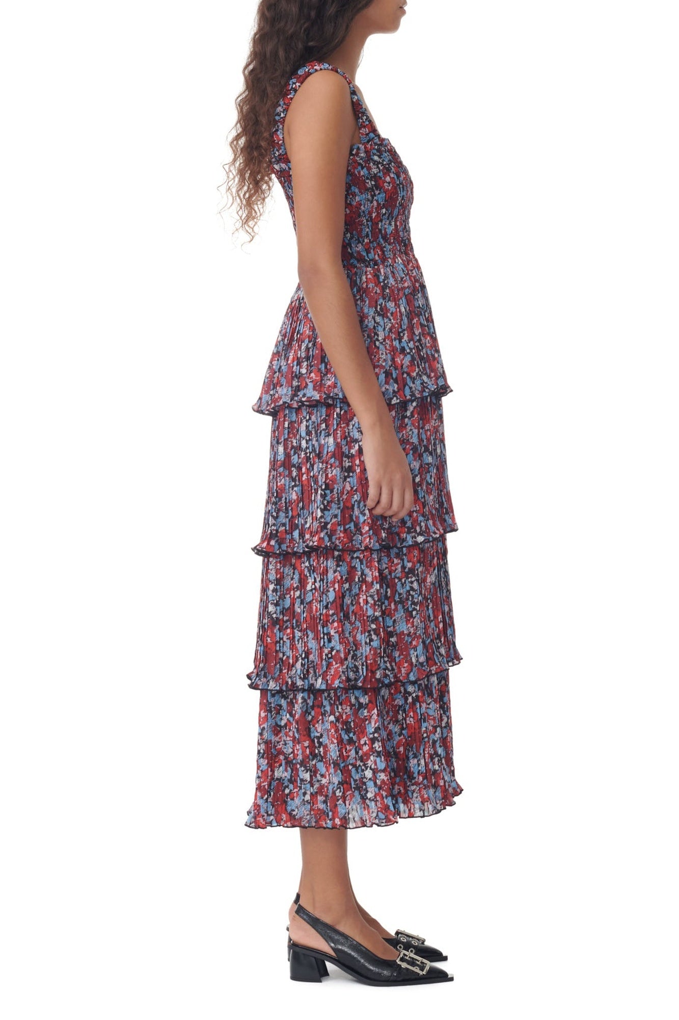 Robe midi à plis en georgette et boutons - High Risk Red