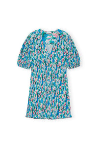 Robe courte en Georgette plissé à col V - Floral Azure Blue