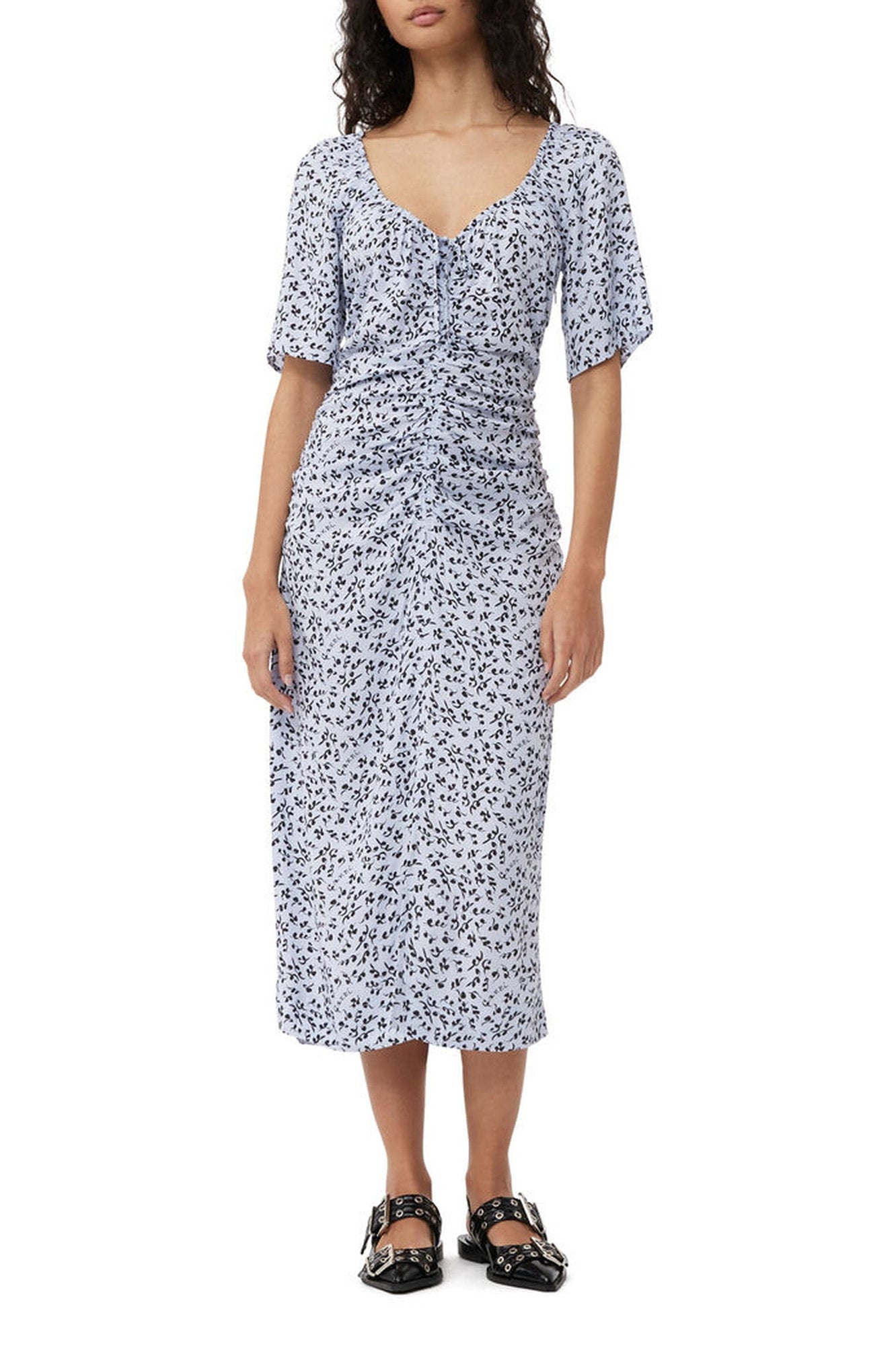 Robe midi décollectée en crêpe imprimée - Heather