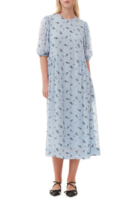 Robe midi en georgette imprimée à manches bouffantes - Brunnera Blue