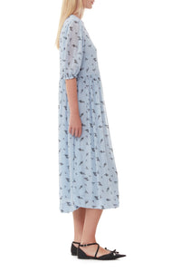 Robe midi en georgette imprimée à manches bouffantes - Brunnera Blue