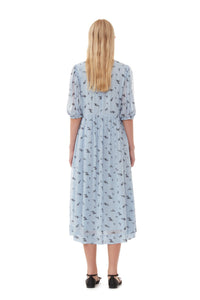 Robe midi en georgette imprimée à manches bouffantes - Brunnera Blue
