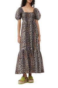 Robe longue à smocks en soie mélangé - Leopard