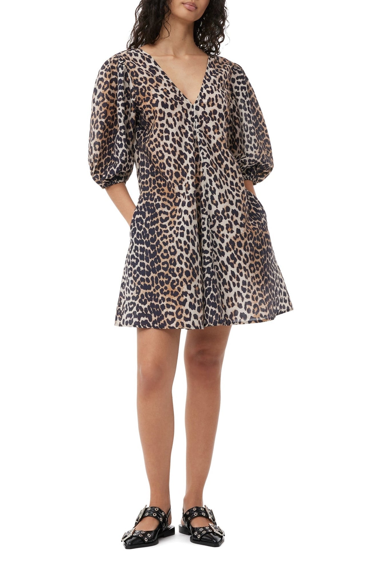 Robe courte à col V en soie mélangé - Leopard